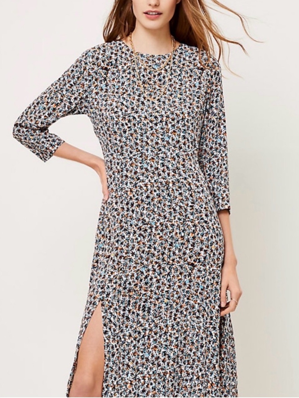 LOFT Long Sleeve Floral Midi Dress in Black White & Brown 4P